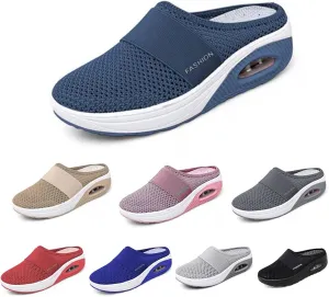Mules for Women Backless Summer Slip-On Slides Air Cushion Orthopedic Shoes Arch-Support Diabetic Slippers Open Back Mesh Breathable Sandals