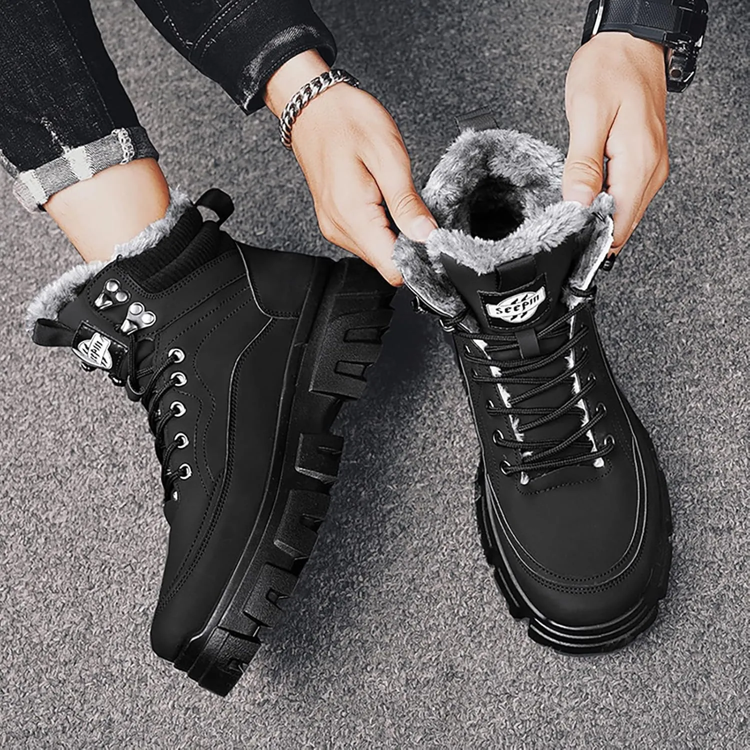 Work Boots for Men Steel Toe Hiking Sneakers with Warm Fur Lining Womens Workout Shoes Non Steel Toe Lightweight Outdoor Botas Mid Ankle Work Casual Hike Grounded Footwear