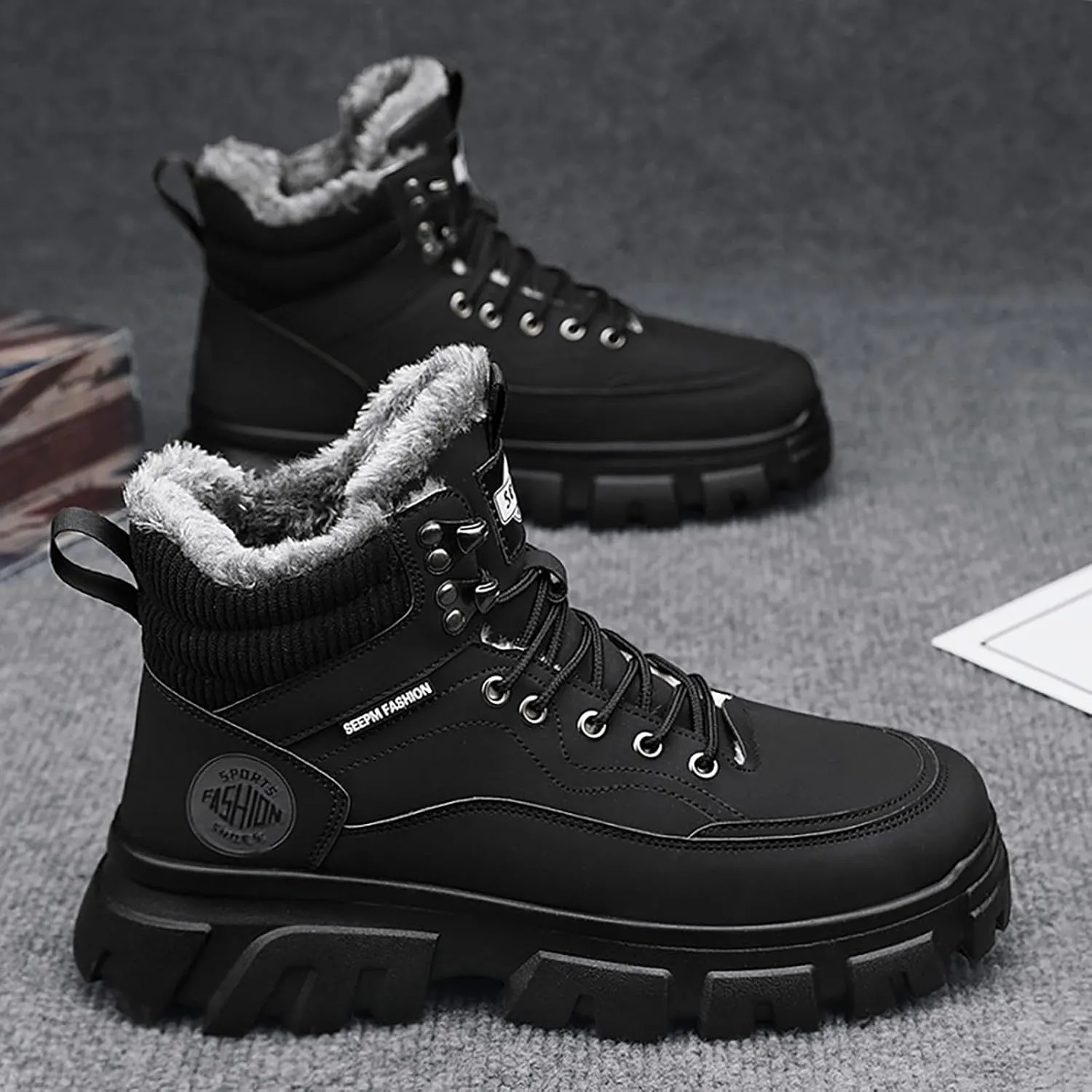 Work Boots for Men Steel Toe Hiking Sneakers with Warm Fur Lining Womens Workout Shoes Non Steel Toe Lightweight Outdoor Botas Mid Ankle Work Casual Hike Grounded Footwear