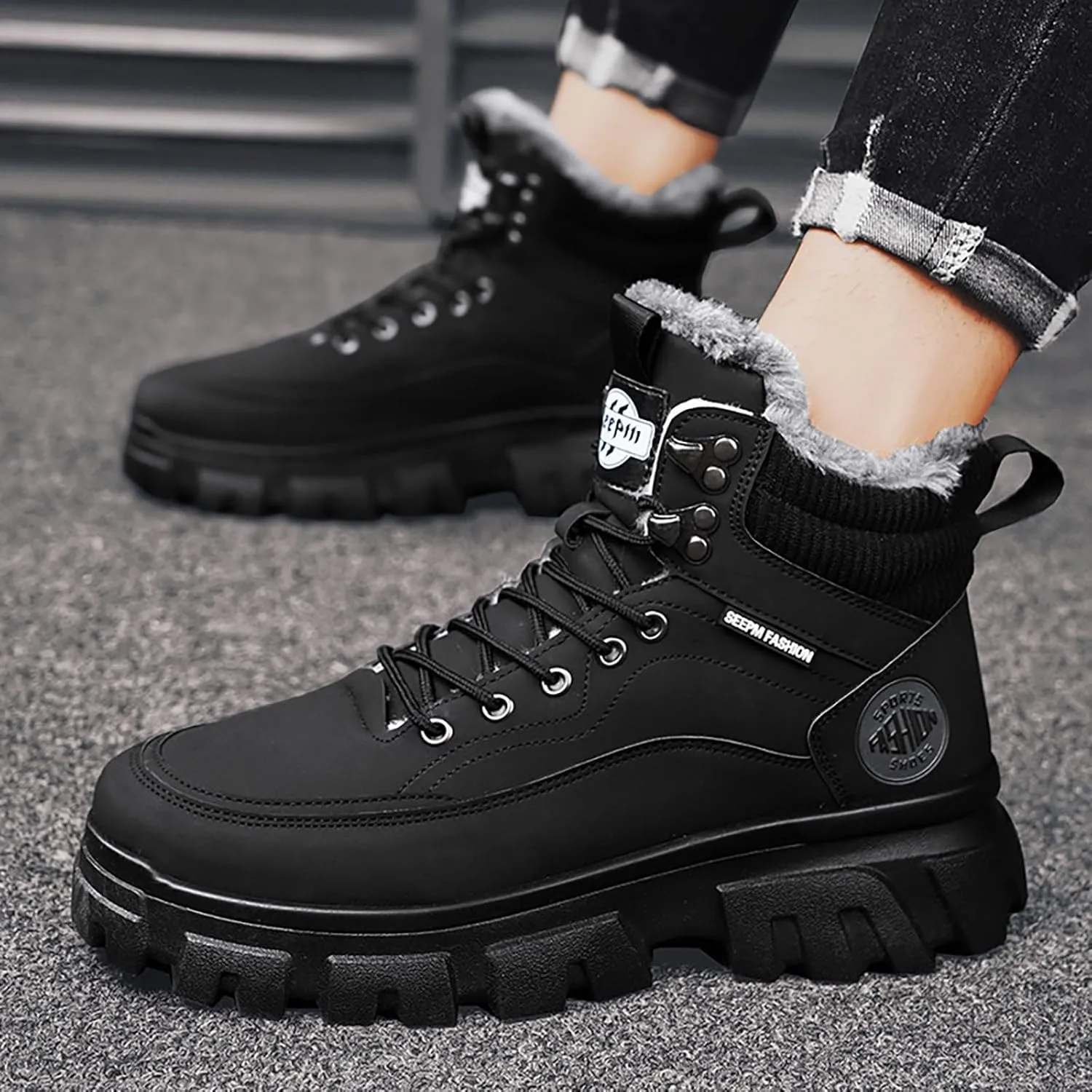 Work Boots for Men Steel Toe Hiking Sneakers with Warm Fur Lining Womens Workout Shoes Non Steel Toe Lightweight Outdoor Botas Mid Ankle Work Casual Hike Grounded Footwear